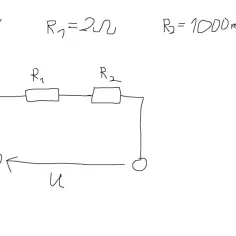 Obwód szeregowy z R1=2Ω i R2=1000mΩ, zasilany napięciem U=15V. Obliczono dopuszczalny spadek napięcia na wlz.