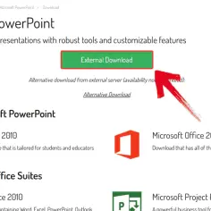 Strona z opcją jak pobrać PowerPoint. Kliknij zielony przycisk "External Download" lub "Alternative Download".