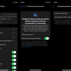Ekran iPhone'a z ustawieniami iCloud, pokazujący opcje "Przekazywanie prywatne" i "Położenie adresu IP".
