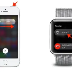 Instrukcja jak rozłączyć Apple Watch z telefonem: przytrzymaj przycisk boczny, a następnie przesuń suwak "Wyłącz".
