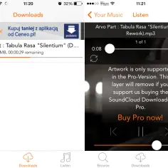 Ekran aplikacji pokazuje postęp pobierania utworu z SoundCloud. Widoczna jest opcja "jak pobierać z soundcloud" oraz przycisk "Buy Pro now!".