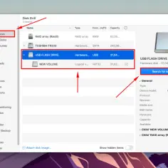 Okno programu Disk Drill z listą urządzeń pamięci masowej, gdzie zaznaczony jest pendrive USB.