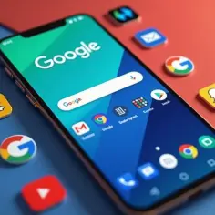 Smartfon z paskiem wyszukiwania Google. Ikony Facebook, Snapchat, YouTube i Google unoszą się wokół. Jak dodać pasek wyszukiwania Google?