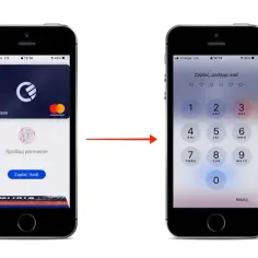 Dwa iPhone'y: pierwszy pokazuje kartę w Apple Wallet, drugi ekran wprowadzania kodu PIN.