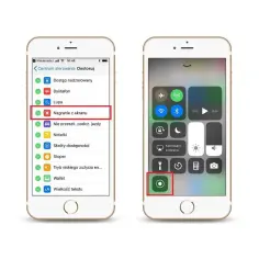 Dwa iPhone'y. Na lewym ekranie Centrum sterowania z opcją "Lupa". Na prawym ekranie Centrum sterowania z ikoną nagrywania ekranu.