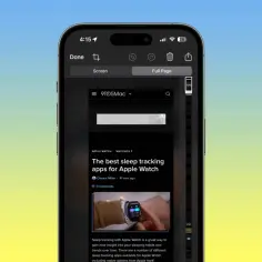 iPhone zrzut ekranu z opcją "Full Page" i podglądem artykułu o Apple Watch.