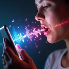 Kobieta nuci do telefonu, by znajdź piosenkę. Fale dźwiękowe i nuty unoszą się w powietrzu.