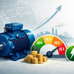 Niebieski silnik elektryczny, stos monet, wskaźnik efektywności energetycznej IE4, wykres wzrostu i ikona energii.