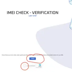 Grafika przedstawia ekran weryfikacji IMEI iPhone'a z polami na dane i przyciskiem "CHECK".