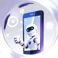 Uroczy robot w telefonie pokazuje kciuk w górę, ilustrując, jak włączyć sztuczną inteligencję w telefonie.