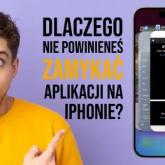 Młody mężczyzna z otwartymi ustami wskazuje na ekran iPhone'a z otwartymi aplikacjami.