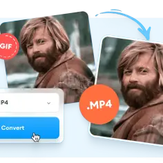 Grafika przedstawia konwersję GIF do MP4 z przyciskiem "Convert".