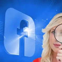 Kobieta z lupą bada symbol Facebooka. Dowiedz się, jak zrobić rolkę na FB, by przyciągnąć uwagę!