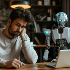 Znużony mężczyzna siedzi przy biurku, obok niego robot. Szuka informacji, jak wyłączyć AI w Google na telefonie.