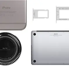 Spód MacBook Pro z widocznym numerem seryjnym, iPhone, tacki SIM i okrągły Mac Pro.
