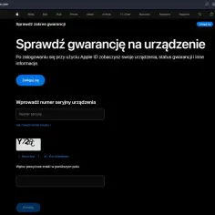 Strona Apple z polem do wpisania numeru seryjnego urządzenia i kodem weryfikacyjnym.