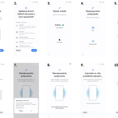 Instrukcja przenoszenia danych Android za pomocą Smart Switch. Kroki od 1 do 10 pokazują proces kopiowania aplikacji, zdjęć i kontaktów.