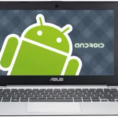 Laptop Asus z logo Android na ekranie. Tło ekranu wypełnione jest powtarzającymi się ikonami robota Android.