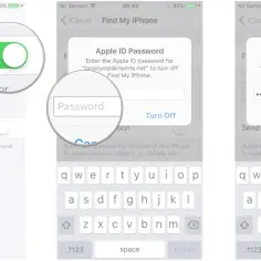 Wyłączanie funkcji Znajdź mój iPhone: ekran z hasłem Apple ID i przyciskiem "Wyłącz".