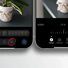 Screenshot iPhone SE z zaznaczonymi opcjami edycji zdjęcia: filtry, korekta, portret.