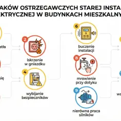 Schemat 10 znaków ostrzegawczych starej instalacji elektrycznej w budynkach mieszkalnych: migające światła, iskrzenie, nagrzewanie gniazdka, wybijanie bezpieczników, zapach spalenizny, buczenie, żółknięcie obudów, mrowienie, nierówna praca silników, wa...