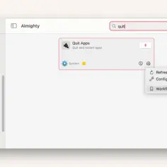 Okno aplikacji "Almighty" z wyszukiwaną frazą "quit" i opcją "Quit Apps".