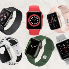 Sześć różnych modeli Apple Watch w różnych kolorach i z różnymi paskami.