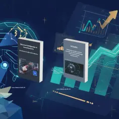 Dwie książki o tym, jak inwestować w AI, na tle wykresów i schematów. Jedna z nich to "Sztuczna Inteligencja w inwestowaniu", druga "AI Toolkit".