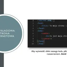 Fragment kodu HTML w edytorze tekstu, obok grafiki z napisem "Przykładowa strona internetowa".
