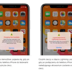 Dwa iPhone'y z powiadomieniem: "Wykryto ciecz w złączu Lightning". iPhone nie ładuje się, dopóki złącze nie wyschnie.