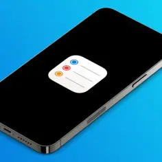iPhone z ikoną listy zadań na czarnym ekranie, na niebieskim tle.