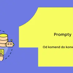 Ilustracja pokazuje, jak zadać pytanie sztucznej inteligencji. Ikony komputera, baz danych i klawiatury symbolizują proces tworzenia promptów.