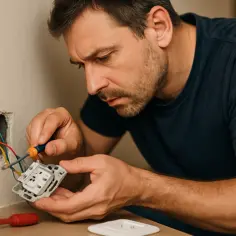 Mężczyzna z precyzją montuje gniazdko elektryczne, podłączając przewody. Instrukcja jak zamontować wtyczkę jest kluczowa.