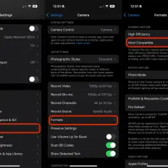 Ekran ustawień iPhone'a z zaznaczoną opcją "Most Compatible" w sekcji "Formats".