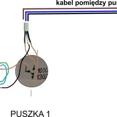 Schemat połączenia włącznika schodowego Ospel. Pokazuje zasilanie, oświetlenie i kabel między puszkami.