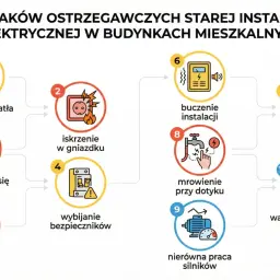 Schemat 10 znaków ostrzegawczych starej instalacji elektrycznej w budynkach mieszkalnych: migające światła, iskrzenie, nagrzewanie gniazdka, wybijanie bezpieczników, zapach spalenizny, buczenie, żółknięcie obudów, mrowienie, nierówna praca silników, wa...