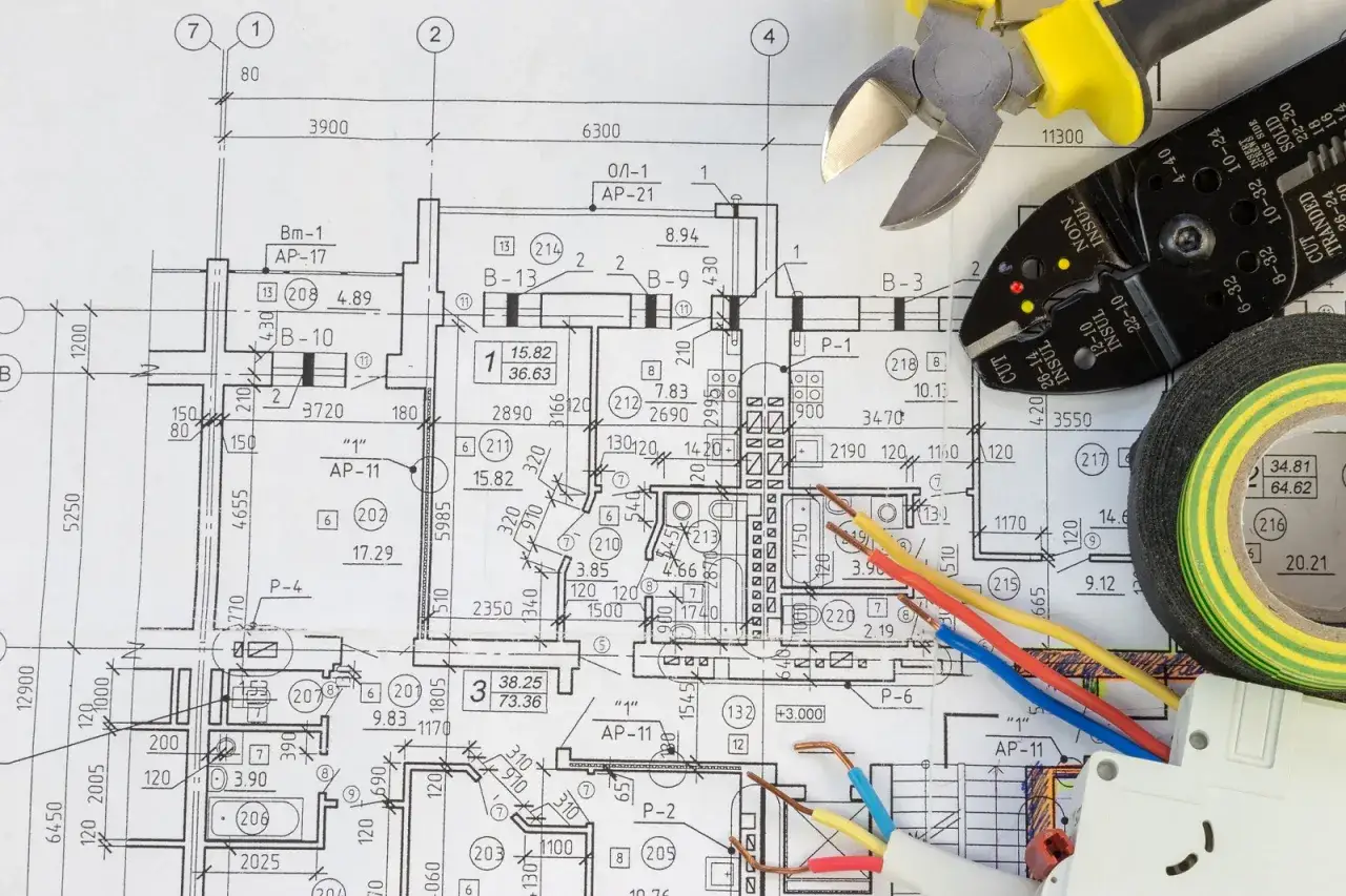 Na planach elektrycznych widać narzędzia i przewody: czarny, brązowy, niebieski. Jak podłączyć?