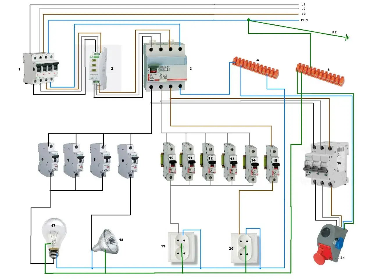 Schemat instalacji elektrycznej. Widać zabezpieczenia, gniazdka, żarówkę i reflektor. Brak jednej fazy bezpieczniki ok.