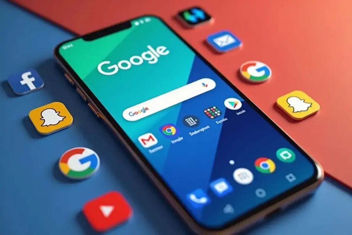 Smartfon z paskiem wyszukiwania Google. Ikony Facebook, Snapchat, YouTube i Google wokół. Jak dodać pasek wyszukiwania Google?