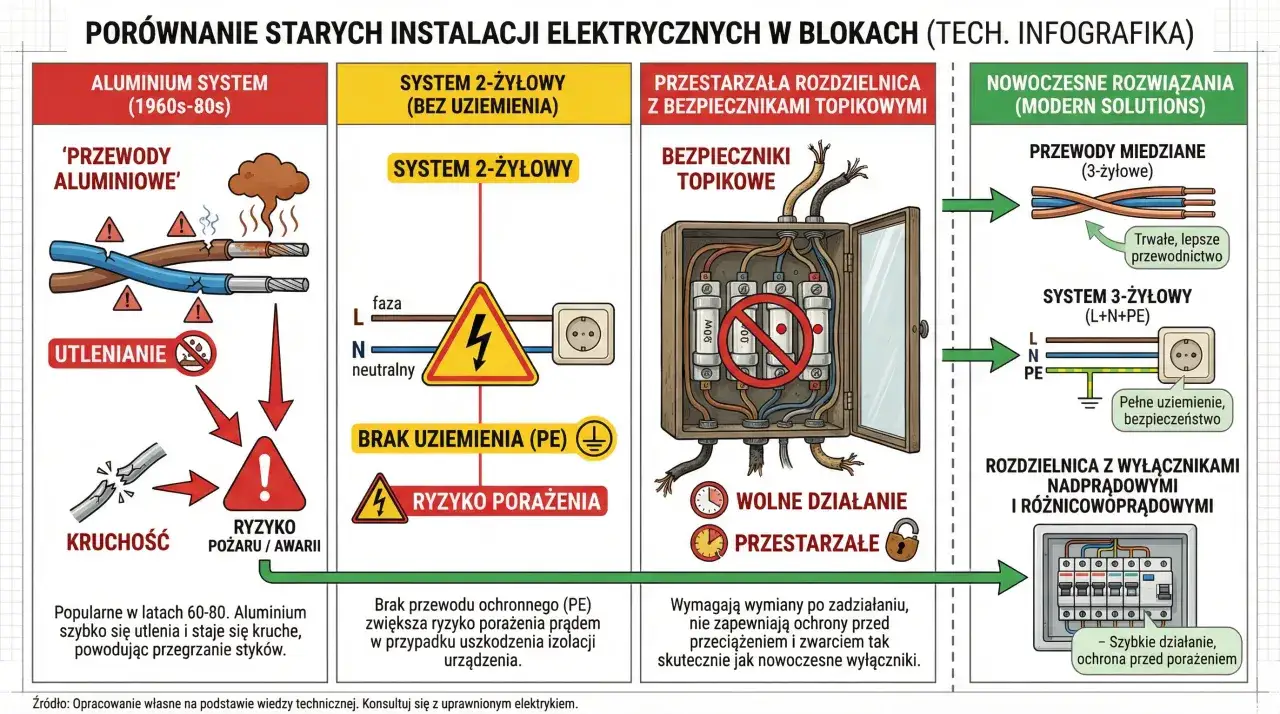 Stare instalacje aluminiowe z lat 60-80. mają problem z utlenianiem, kruchością i brakiem uziemienia (PE), co zwiększa ryzyko porażenia prądem i pożaru. Bezpieczniki topikowe są przestarzałe.