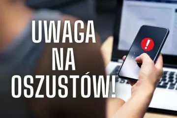 Dłoń trzymająca smartfon z czerwonym wykrzyknikiem, obok laptop. Napis: UWAGA NA OSZUSTÓW!