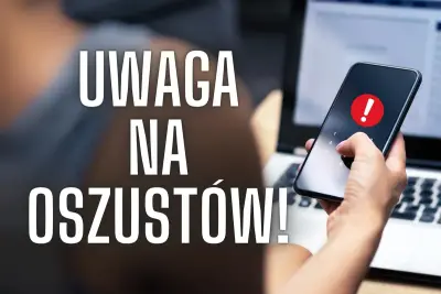 Dłoń trzymająca smartfon z czerwonym wykrzyknikiem, obok laptop. Napis: UWAGA NA OSZUSTÓW!